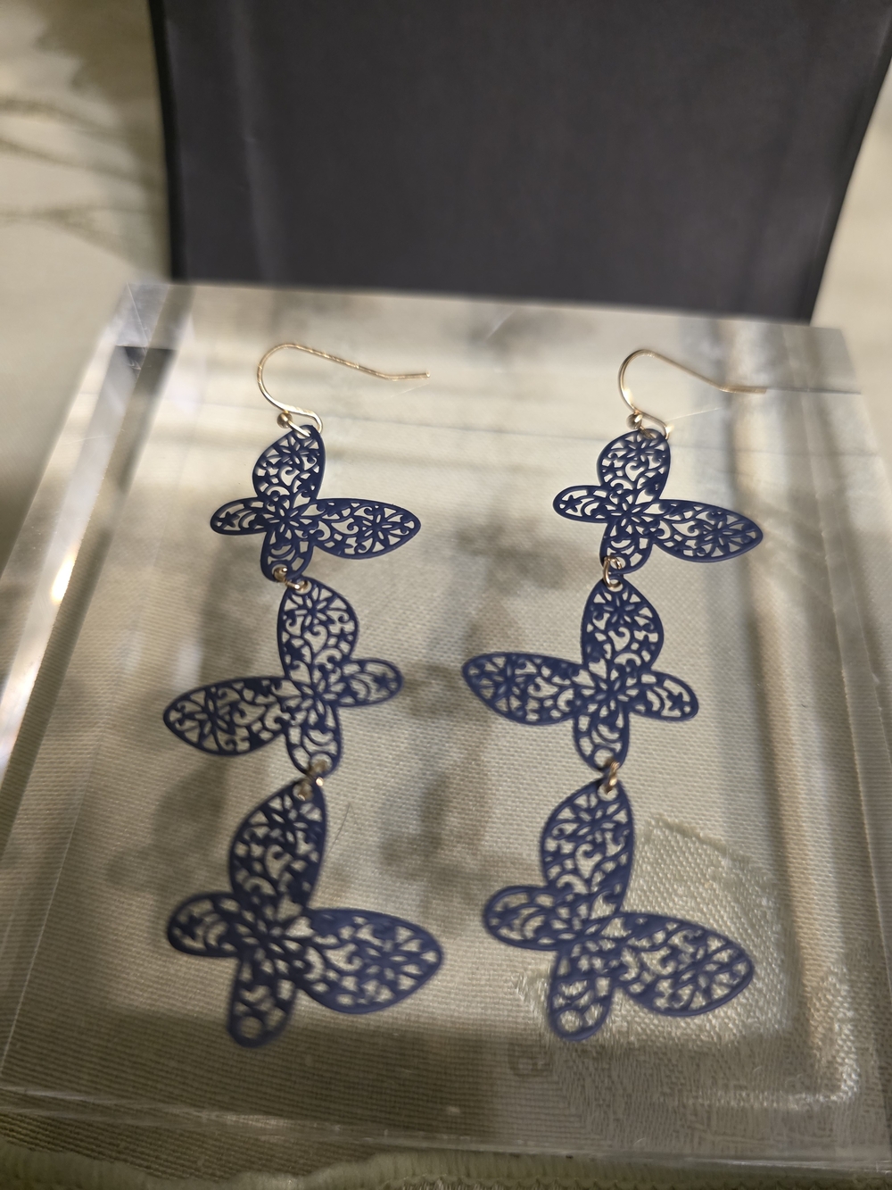 #841 Blue Filigree Butterfly Drop Earrings